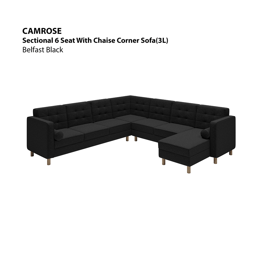 MORE CAMROSE OPTIONS Camrose Sectional 6 Seat Corner with Chaise (3L) Sofa Camrose Sectional 6 Seat Corner with Chaise (3L) Sofa Fabric Belfast Black Mandaue Foam