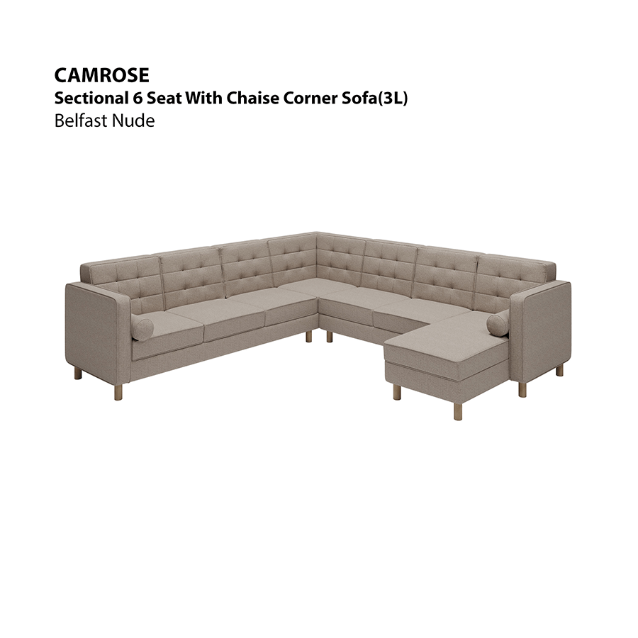 MORE CAMROSE OPTIONS Camrose Sectional 6 Seat Corner with Chaise (3L) Sofa Camrose Sectional 6 Seat Corner with Chaise (3L) Sofa Fabric Belfast Nude Mandaue Foam