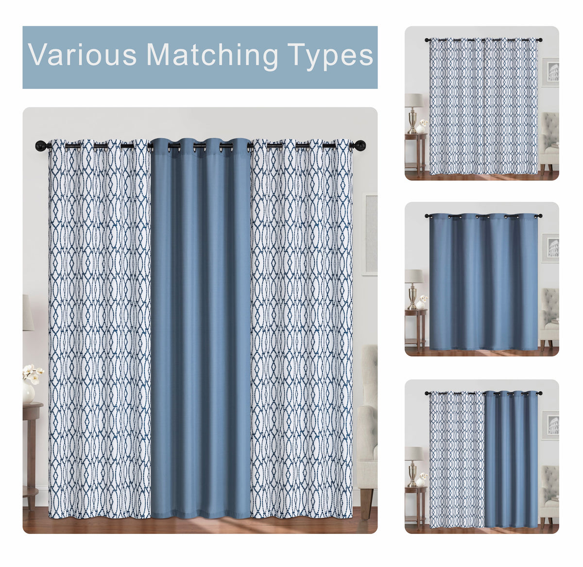 Bernice Plain & Print Set of 3 Curtains