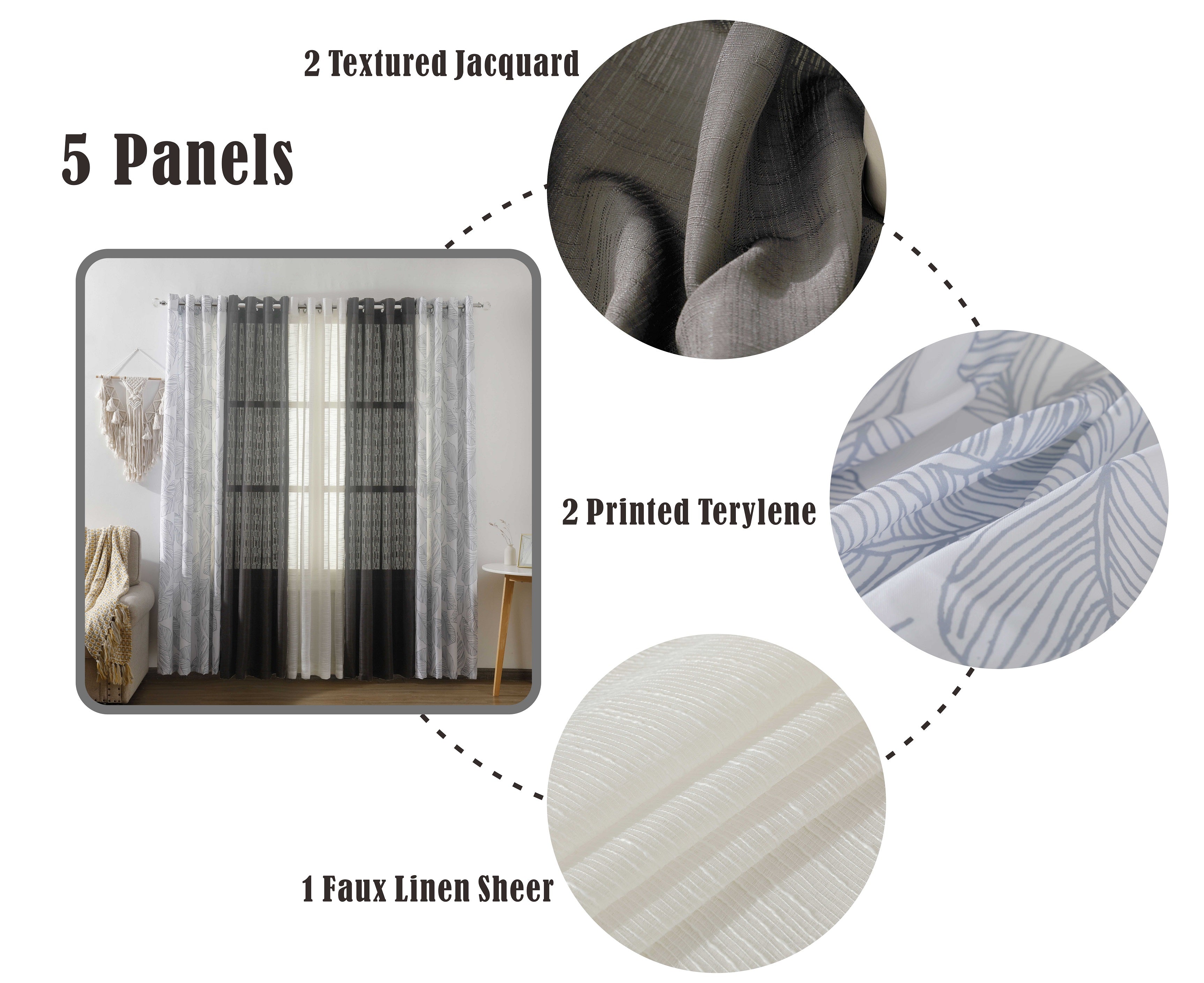 Benno Plain & Printed Set of 5 Curtains