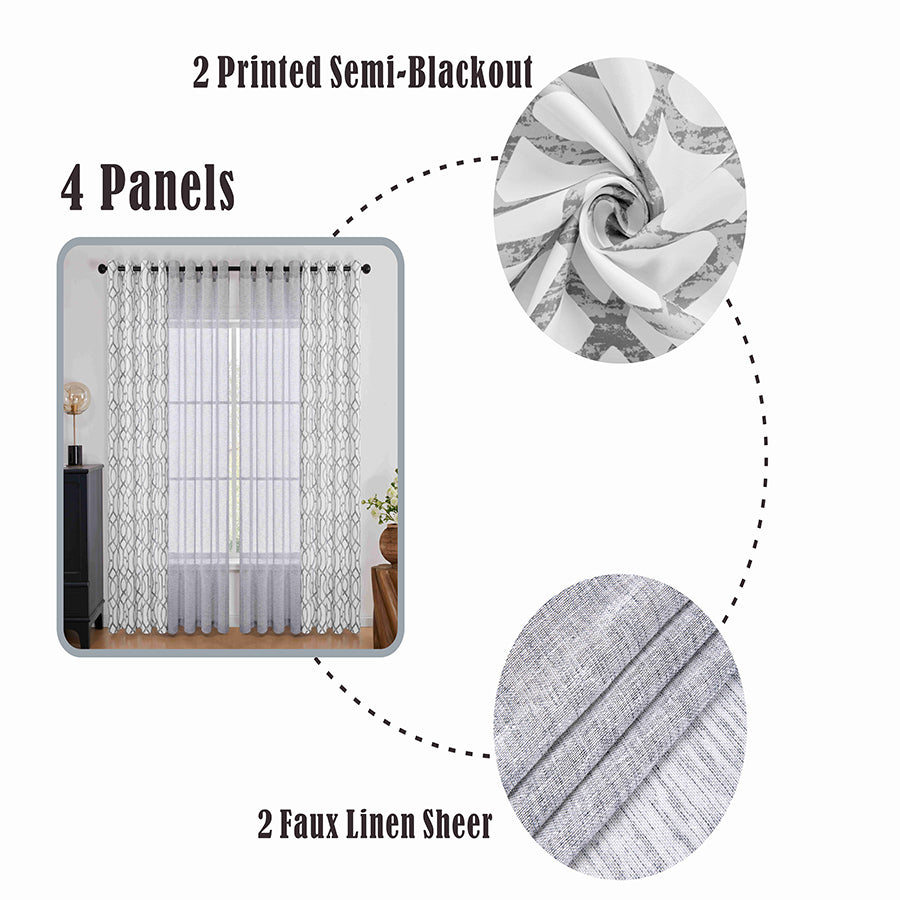 Belysa Plain & Printed Set of 4 Curtains