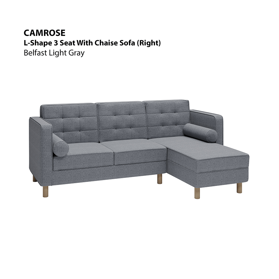 MORE CAMROSE OPTIONS Camrose L-shape 3 Seat with Chaise (Right Facing) Sofa Camrose L-shape 3 Seat with Chaise (Right Facing) Sofa Fabric Belfast Light Gray Mandaue Foam