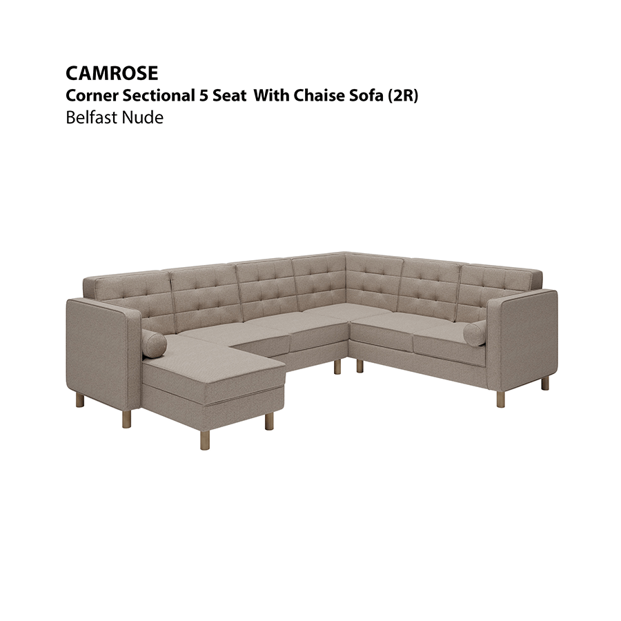 MORE CAMROSE OPTIONS Camrose Corner Sectional 5 Seat with Chaise (2R) Sofa Camrose Corner Sectional 5 Seat with Chaise (2R) Sofa Fabric Belfast Nude Mandaue Foam