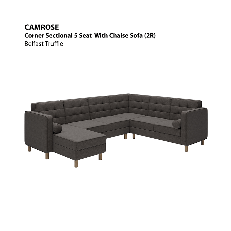 MORE CAMROSE OPTIONS Camrose Corner Sectional 5 Seat with Chaise (2R) Sofa Camrose Corner Sectional 5 Seat with Chaise (2R) Sofa Fabric Belfast Truffle Mandaue Foam