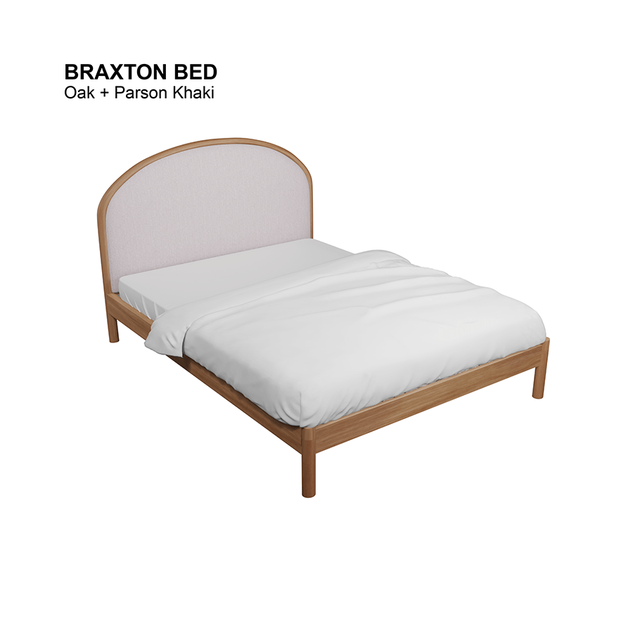 MORE BRAXTON OPTIONS Braxton Bed 60x75" - Oak Braxton Bed 60x75" - Oak Fabric Parson Khaki Mandaue Foam