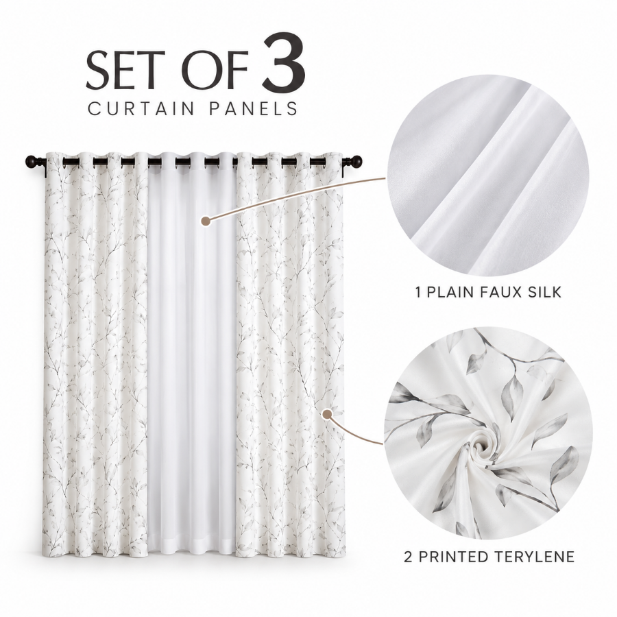 Birga Plain & Print Set Of 3 Curtains