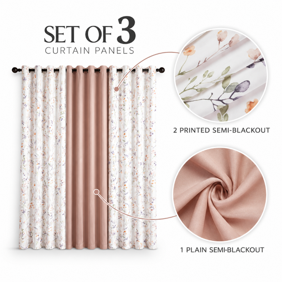 Barthel Plain & Print Set Of 3 Curtains