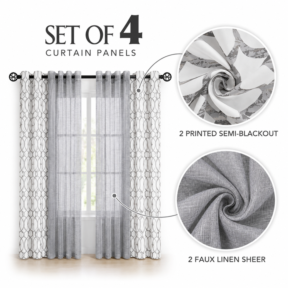 Belysa Plain & Printed Set of 4 Curtains