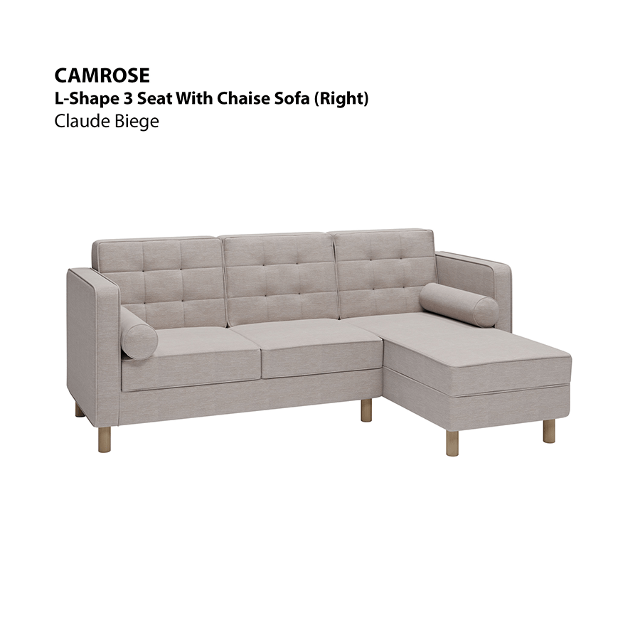MORE CAMROSE OPTIONS Camrose L-shape 3 Seat with Chaise (Right Facing) Sofa Camrose L-shape 3 Seat with Chaise (Right Facing) Sofa Lux Claude Beige Mandaue Foam