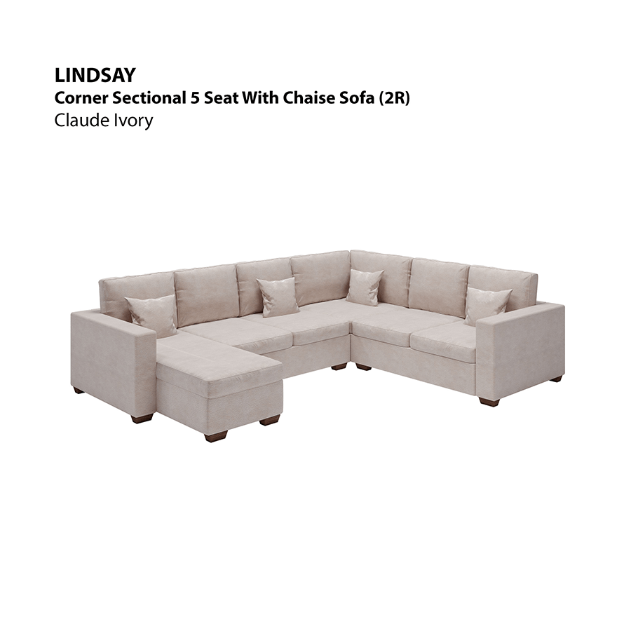 MORE LINDSAY OPTIONS Lindsay Corner Sectional 5 Seat with Chaise (2R) Sofa Lindsay Corner Sectional 5 Seat with Chaise (2R) Sofa Lux Claude Ivory Mandaue Foam