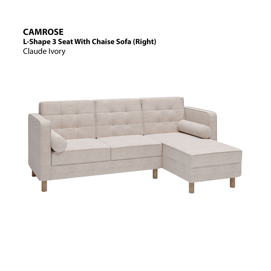 MORE CAMROSE OPTIONS Camrose L-shape 3 Seat with Chaise (Right Facing) Sofa Camrose L-shape 3 Seat with Chaise (Right Facing) Sofa Lux Claude Ivory Mandaue Foam