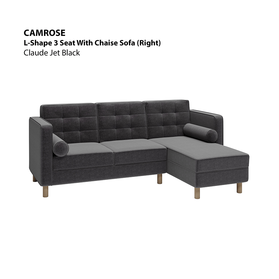 MORE CAMROSE OPTIONS Camrose L-shape 3 Seat with Chaise (Right Facing) Sofa Camrose L-shape 3 Seat with Chaise (Right Facing) Sofa Lux Claude Jet Black Mandaue Foam