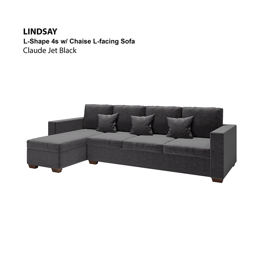 MORE LINDSAY OPTIONS Lindsay L-shape 4 Seat with Chaise (Left Facing) Sofa Lindsay L-shape 4 Seat with Chaise (Left Facing) Sofa Lux Claude Jet Black Mandaue Foam