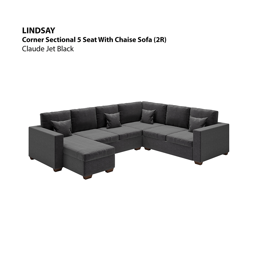MORE LINDSAY OPTIONS Lindsay Corner Sectional 5 Seat with Chaise (2R) Sofa Lindsay Corner Sectional 5 Seat with Chaise (2R) Sofa Lux Claude Jet Black Mandaue Foam