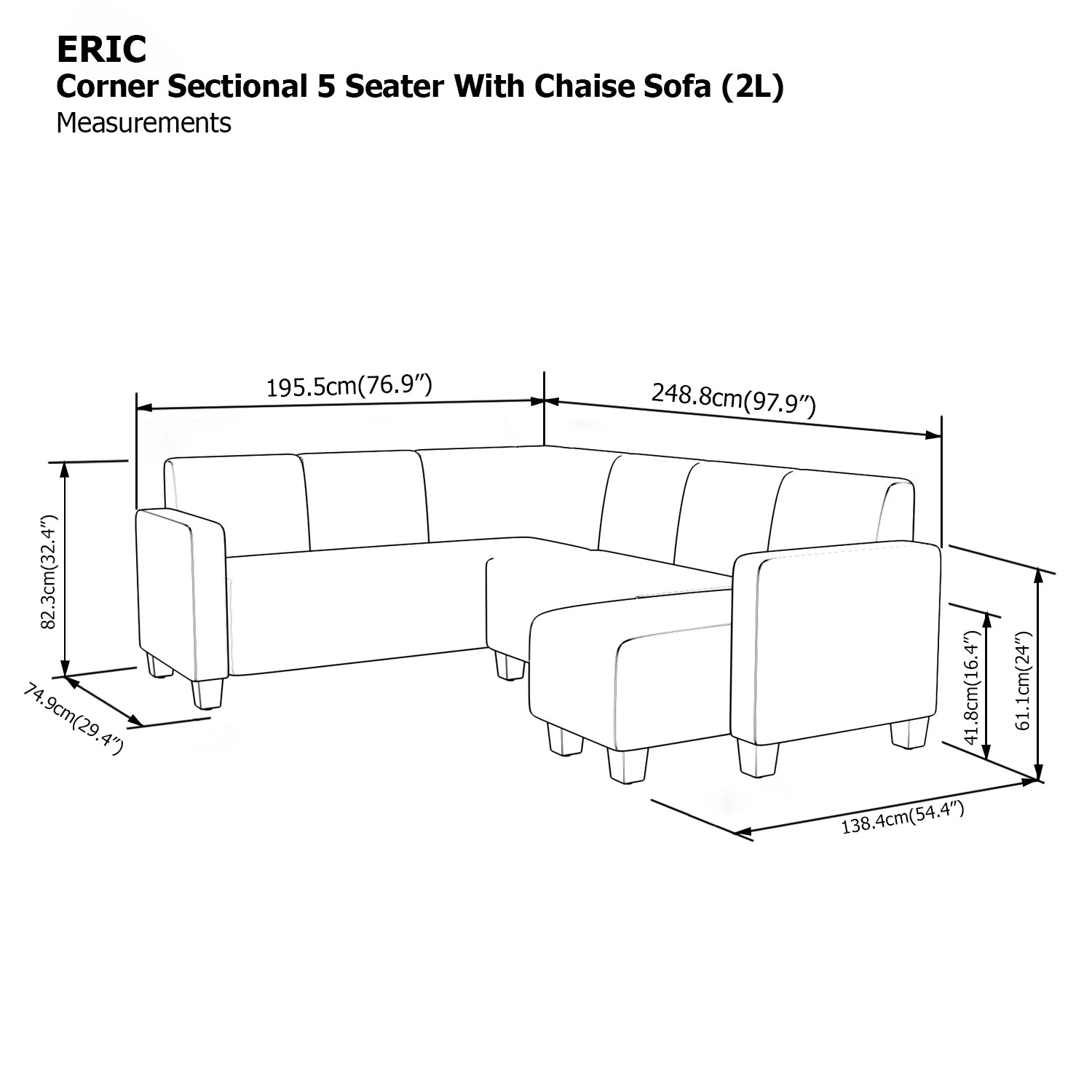 Eric Corner Sectional 5 Seat with Chaise (2L) Sofa