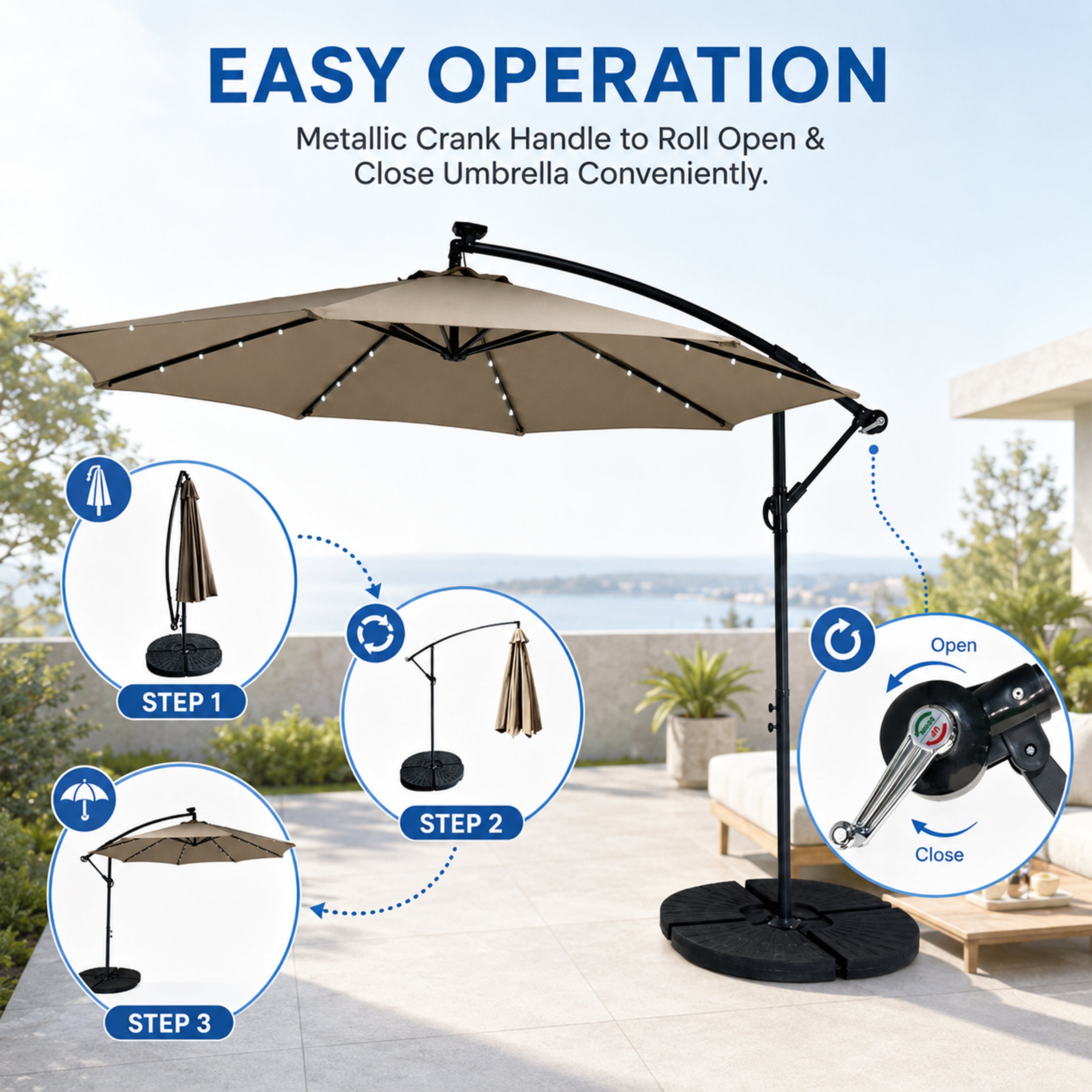 Sunny 3m Hanging Umbrella W/ Light -Taupe