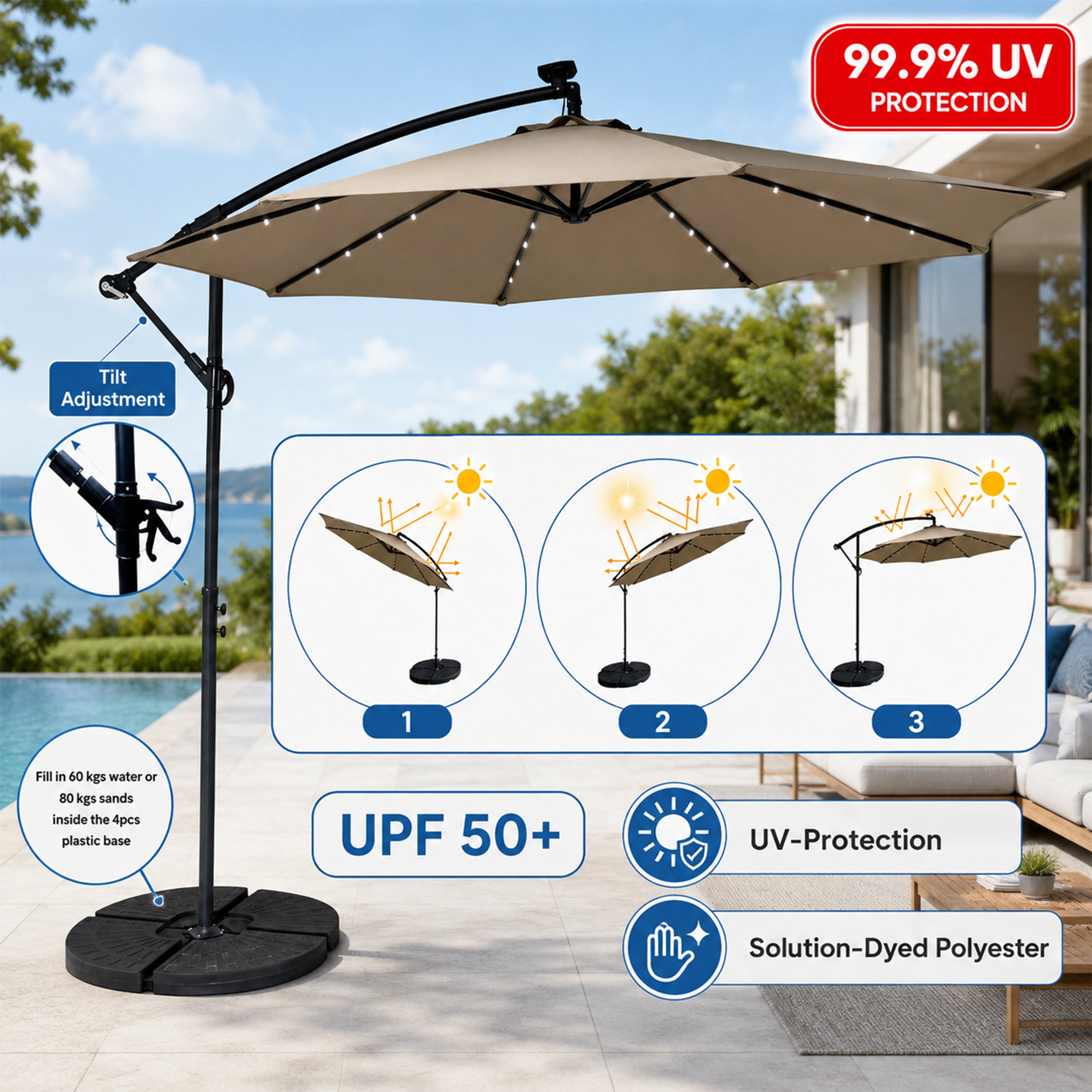Sunny 3m Hanging Umbrella W/ Light -Taupe