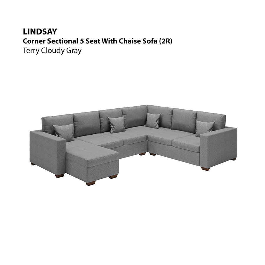 MORE LINDSAY OPTIONS Lindsay Corner Sectional 5 Seat with Chaise (2R) Sofa Lindsay Corner Sectional 5 Seat with Chaise (2R) Sofa Lux Terry Cloudy Gray Mandaue Foam