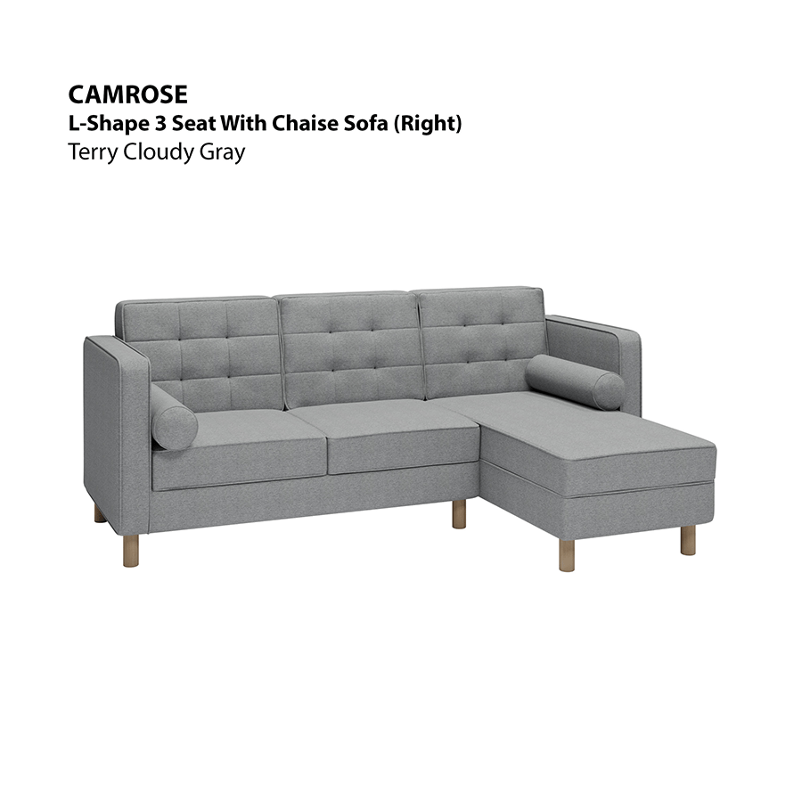MORE CAMROSE OPTIONS Camrose L-shape 3 Seat with Chaise (Right Facing) Sofa Camrose L-shape 3 Seat with Chaise (Right Facing) Sofa Lux Terry Cloudy Gray Mandaue Foam