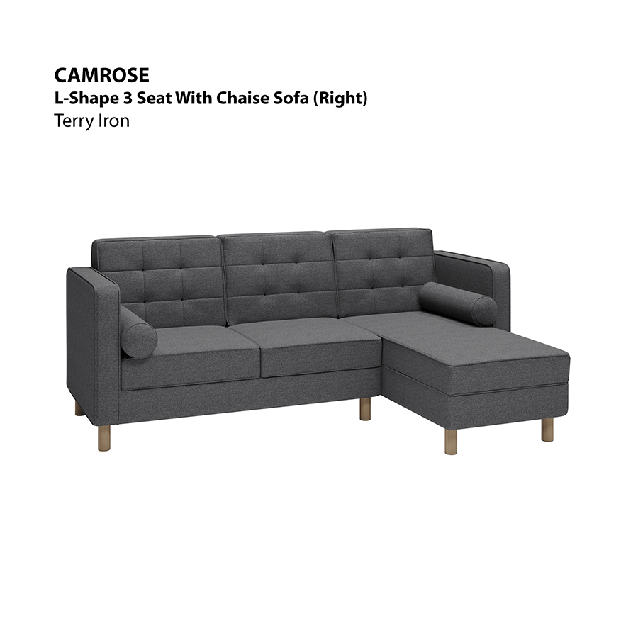 MORE CAMROSE OPTIONS Camrose L-shape 3 Seat with Chaise (Right Facing) Sofa Camrose L-shape 3 Seat with Chaise (Right Facing) Sofa Lux Terry Iron Mandaue Foam