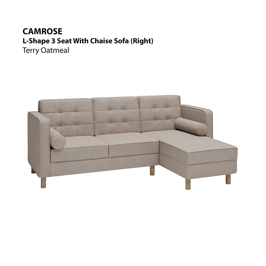 MORE CAMROSE OPTIONS Camrose L-shape 3 Seat with Chaise (Right Facing) Sofa Camrose L-shape 3 Seat with Chaise (Right Facing) Sofa Lux Terry Oatmeal Mandaue Foam