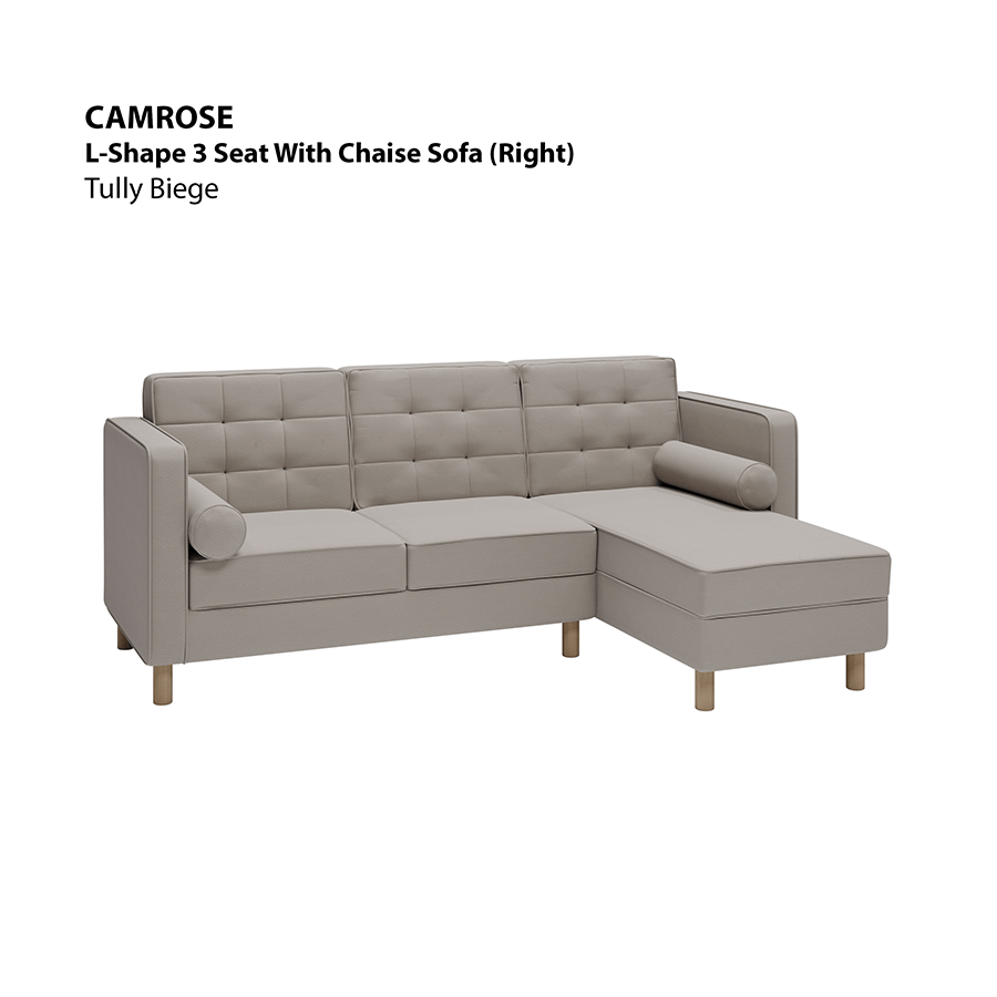 MORE CAMROSE OPTIONS Camrose L-shape 3 Seat with Chaise (Right Facing) Sofa Camrose L-shape 3 Seat with Chaise (Right Facing) Sofa Leatherette Tully Beige Mandaue Foam