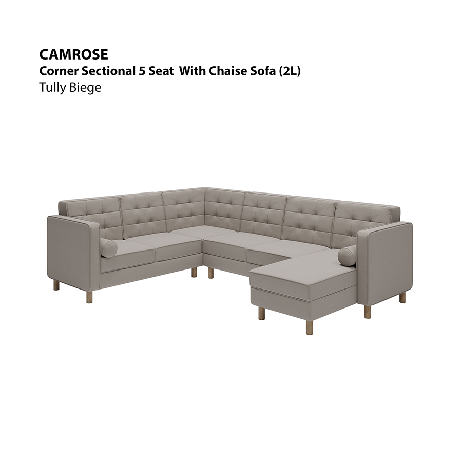 MORE CAMROSE OPTIONS Camrose Corner Sectional 5 Seat with Chaise (2L) Sofa Camrose Corner Sectional 5 Seat with Chaise (2L) Sofa Leatherette Tully Beige Mandaue Foam