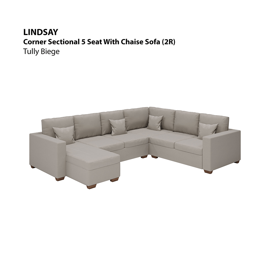 MORE LINDSAY OPTIONS Lindsay Corner Sectional 5 Seat with Chaise (2R) Sofa Lindsay Corner Sectional 5 Seat with Chaise (2R) Sofa Leatherette Tully Beige Mandaue Foam
