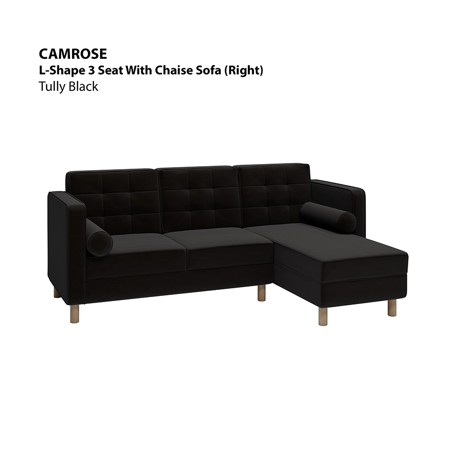 MORE CAMROSE OPTIONS Camrose L-shape 3 Seat with Chaise (Right Facing) Sofa Camrose L-shape 3 Seat with Chaise (Right Facing) Sofa Leatherette Tully Black Mandaue Foam