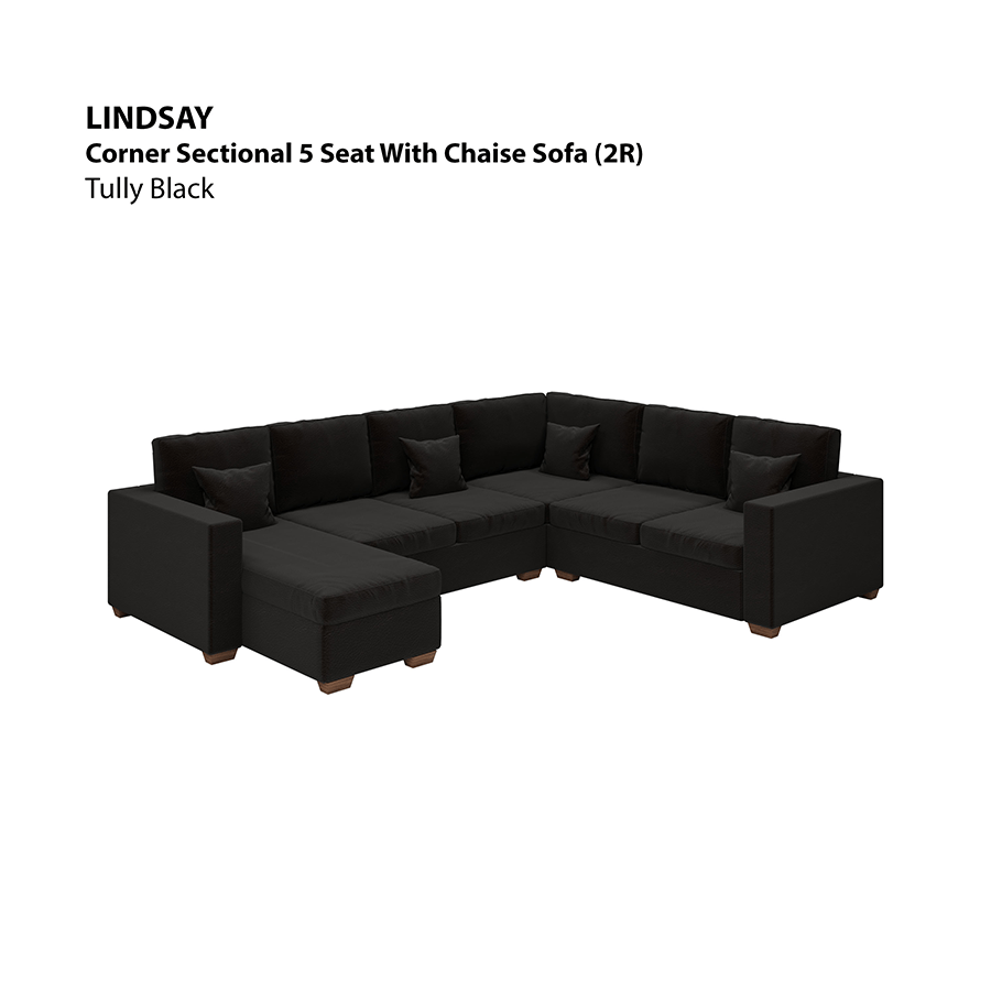 MORE LINDSAY OPTIONS Lindsay Corner Sectional 5 Seat with Chaise (2R) Sofa Lindsay Corner Sectional 5 Seat with Chaise (2R) Sofa Leatherette Tully Black Mandaue Foam