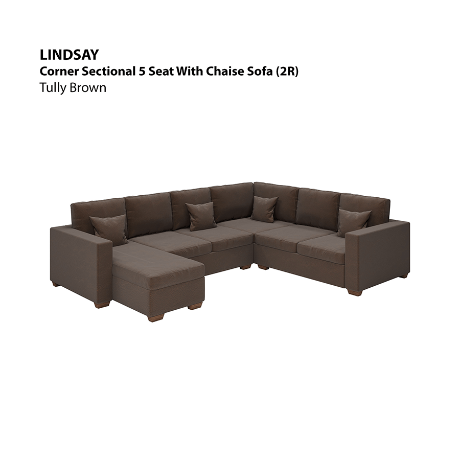 MORE LINDSAY OPTIONS Lindsay Corner Sectional 5 Seat with Chaise (2R) Sofa Lindsay Corner Sectional 5 Seat with Chaise (2R) Sofa Leatherette Tully Brown Mandaue Foam