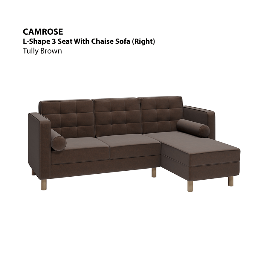 MORE CAMROSE OPTIONS Camrose L-shape 3 Seat with Chaise (Right Facing) Sofa Camrose L-shape 3 Seat with Chaise (Right Facing) Sofa Leatherette Tully Brown Mandaue Foam