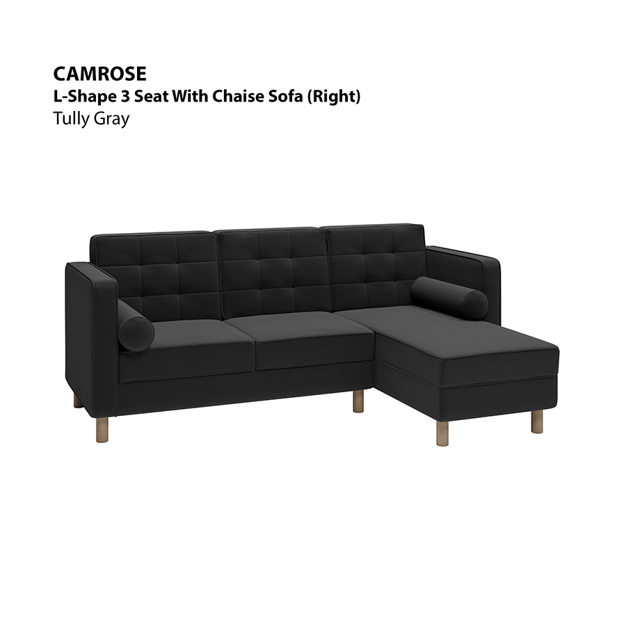 MORE CAMROSE OPTIONS Camrose L-shape 3 Seat with Chaise (Right Facing) Sofa Camrose L-shape 3 Seat with Chaise (Right Facing) Sofa Leatherette Tully Gray Mandaue Foam