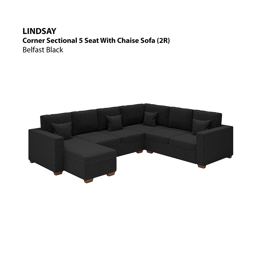 MORE LINDSAY OPTIONS Lindsay Corner Sectional 5 Seat with Chaise (2R) Sofa Lindsay Corner Sectional 5 Seat with Chaise (2R) Sofa Fabric Belfast Black Mandaue Foam