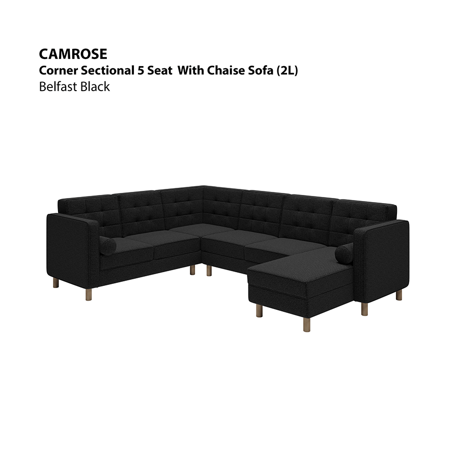 MORE CAMROSE OPTIONS Camrose Corner Sectional 5 Seat with Chaise (2L) Sofa Camrose Corner Sectional 5 Seat with Chaise (2L) Sofa Fabric Belfast Black Mandaue Foam