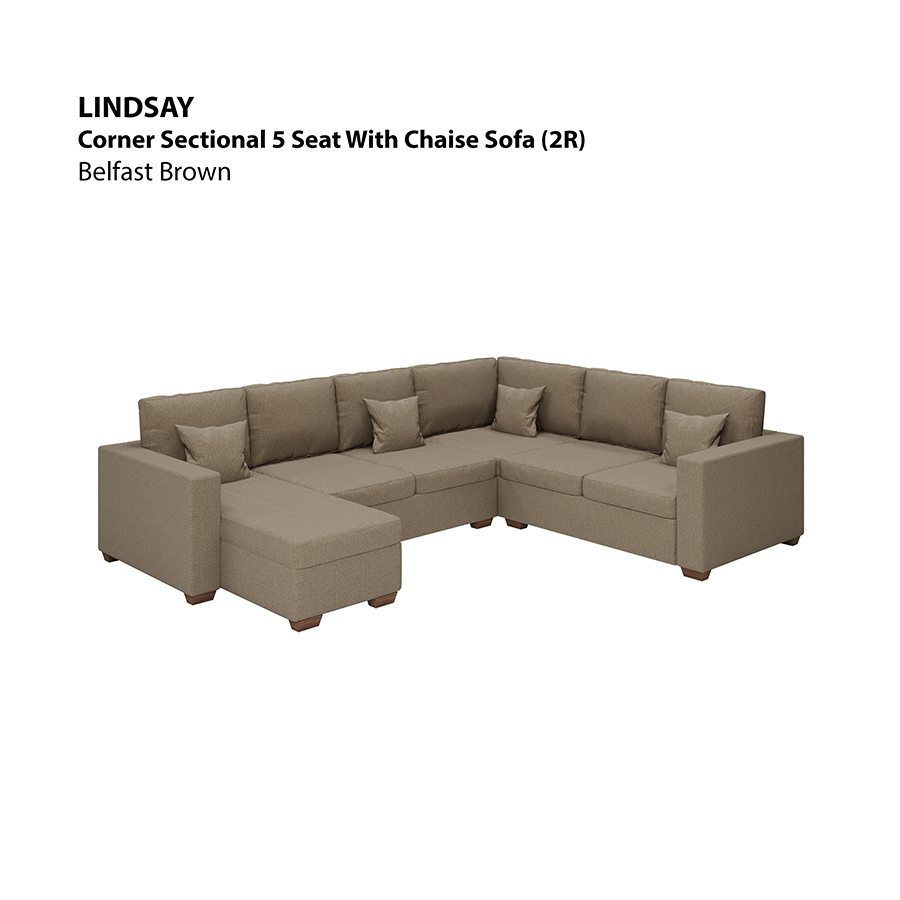 MORE LINDSAY OPTIONS Lindsay Corner Sectional 5 Seat with Chaise (2R) Sofa Lindsay Corner Sectional 5 Seat with Chaise (2R) Sofa Fabric Belfast Brown Mandaue Foam