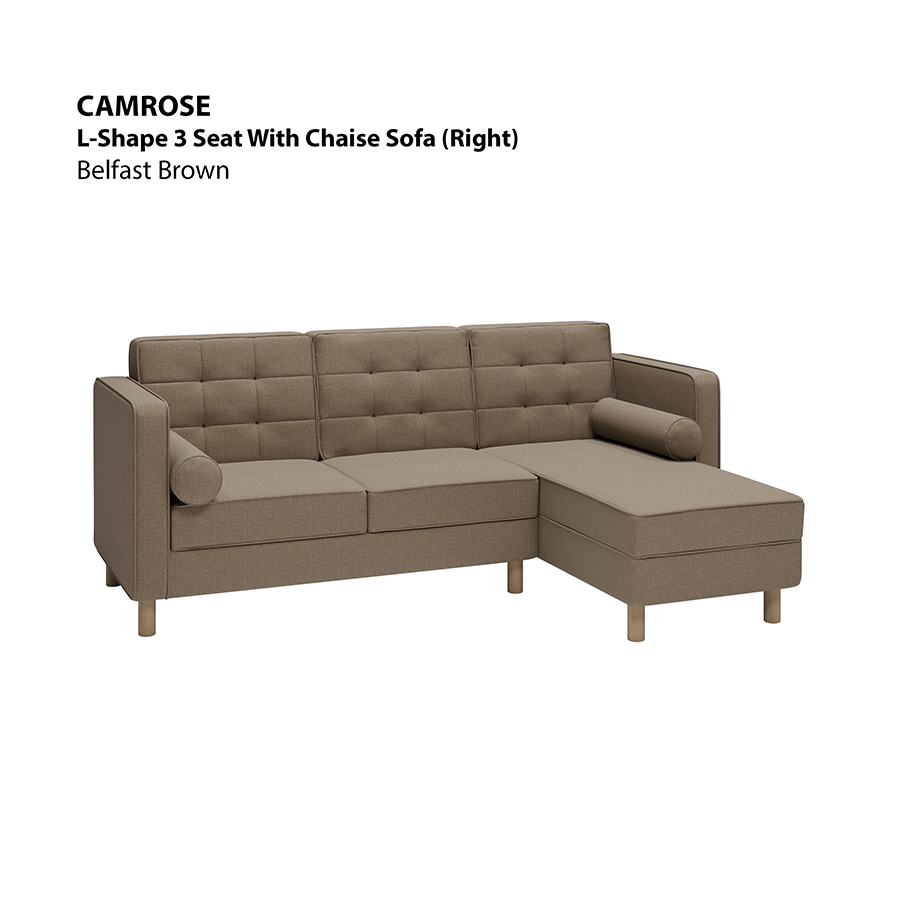 MORE CAMROSE OPTIONS Camrose L-shape 3 Seat with Chaise (Right Facing) Sofa Camrose L-shape 3 Seat with Chaise (Right Facing) Sofa Fabric Belfast Brown Mandaue Foam