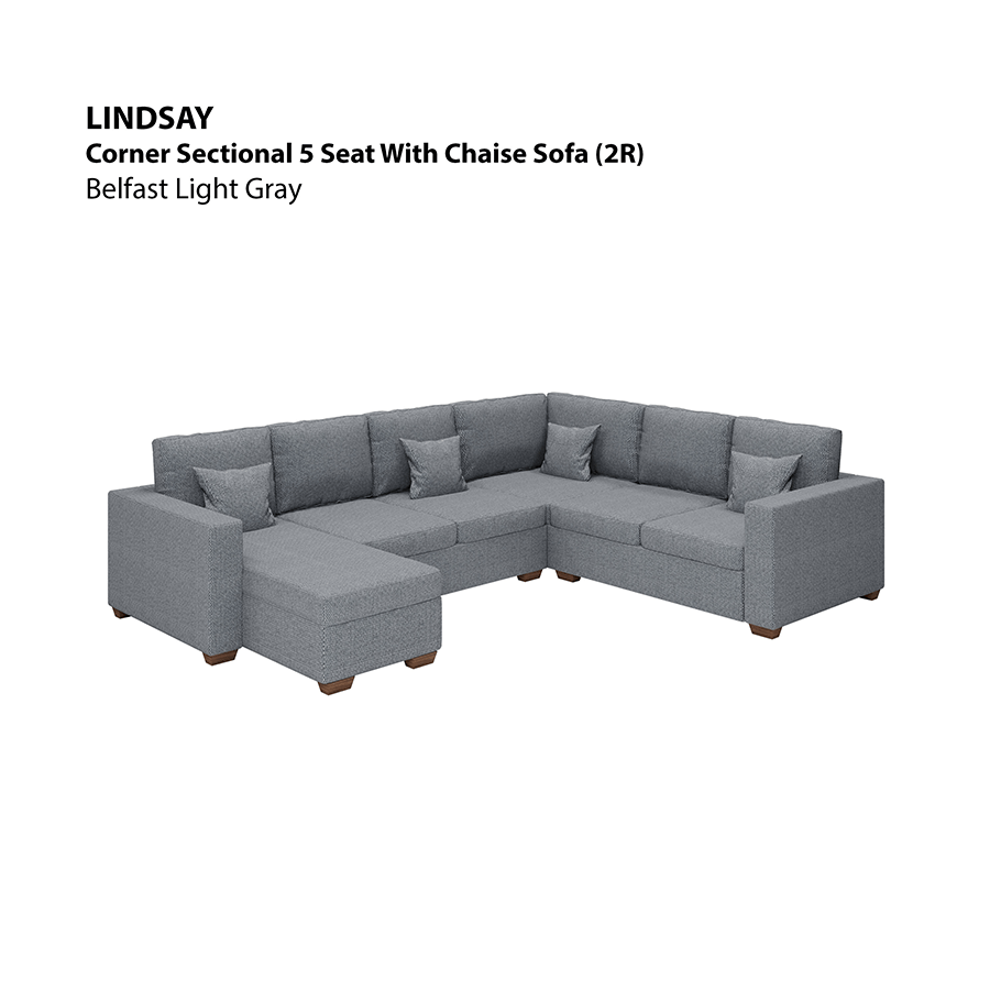 MORE LINDSAY OPTIONS Lindsay Corner Sectional 5 Seat with Chaise (2R) Sofa Lindsay Corner Sectional 5 Seat with Chaise (2R) Sofa Fabric Belfast Light Gray Mandaue Foam