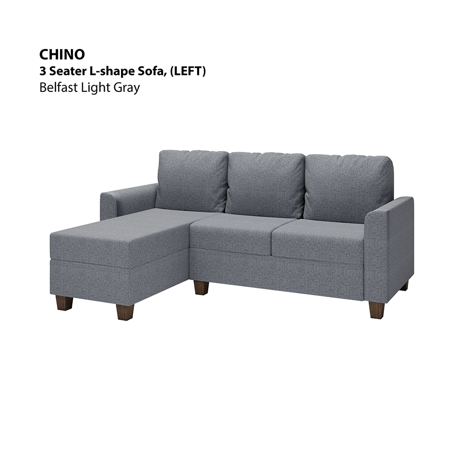 MORE CHINO OPTIONS Chino L-shape 3 Seat with Chaise (Left Facing) Sofa Chino L-shape 3 Seat with Chaise (Left Facing) Sofa Fabric Belfast Light Gray Mandaue Foam