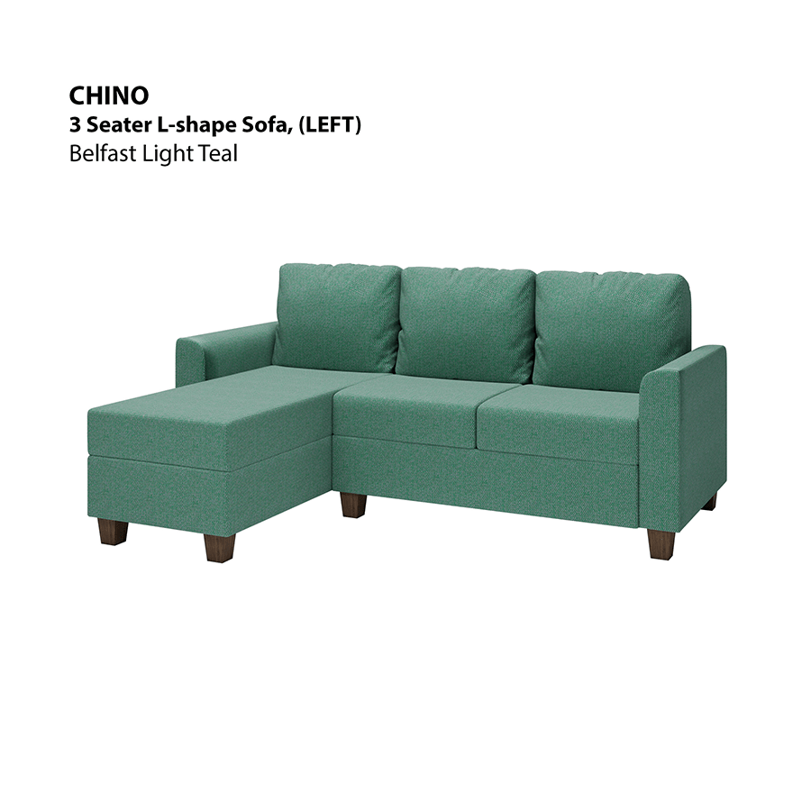 MORE CHINO OPTIONS Chino L-shape 3 Seat with Chaise (Left Facing) Sofa Chino L-shape 3 Seat with Chaise (Left Facing) Sofa Fabric Belfast Light Teal Mandaue Foam