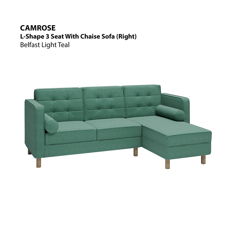 MORE CAMROSE OPTIONS Camrose L-shape 3 Seat with Chaise (Right Facing) Sofa Camrose L-shape 3 Seat with Chaise (Right Facing) Sofa Fabric Belfast Light Teal Mandaue Foam