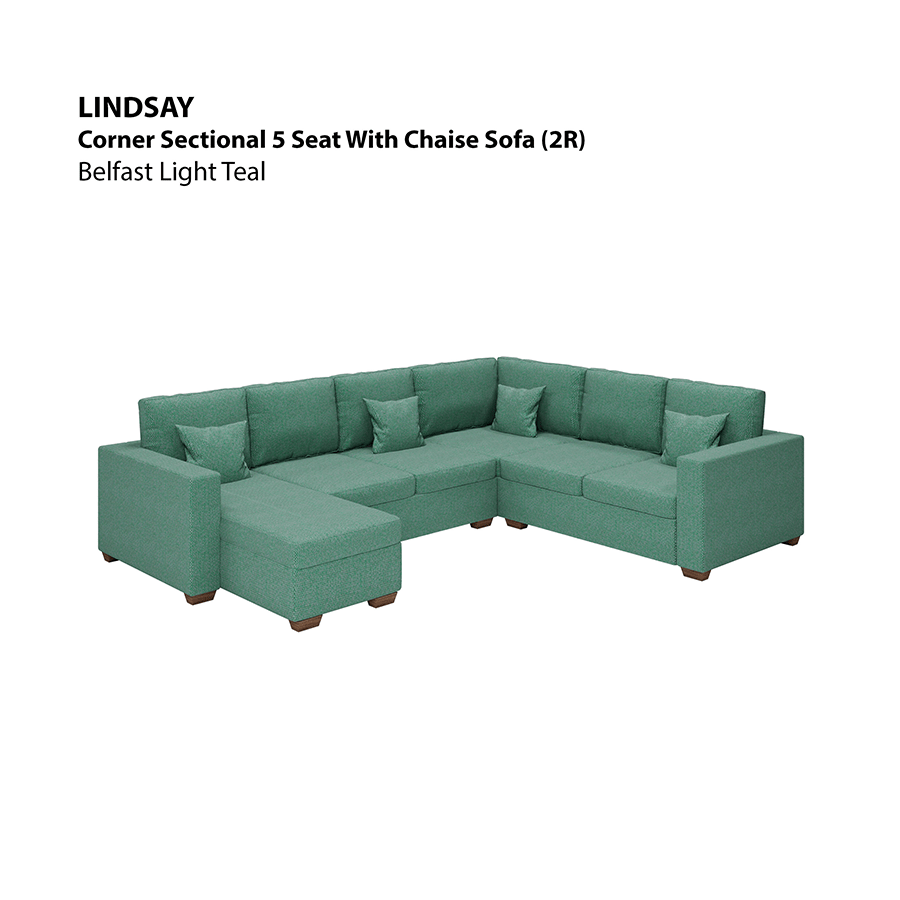 MORE LINDSAY OPTIONS Lindsay Corner Sectional 5 Seat with Chaise (2R) Sofa Lindsay Corner Sectional 5 Seat with Chaise (2R) Sofa Fabric Belfast Light Teal Mandaue Foam