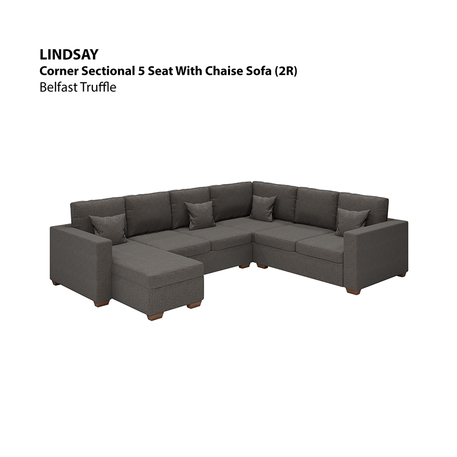 MORE LINDSAY OPTIONS Lindsay Corner Sectional 5 Seat with Chaise (2R) Sofa Lindsay Corner Sectional 5 Seat with Chaise (2R) Sofa Fabric Belfast Truffle Mandaue Foam