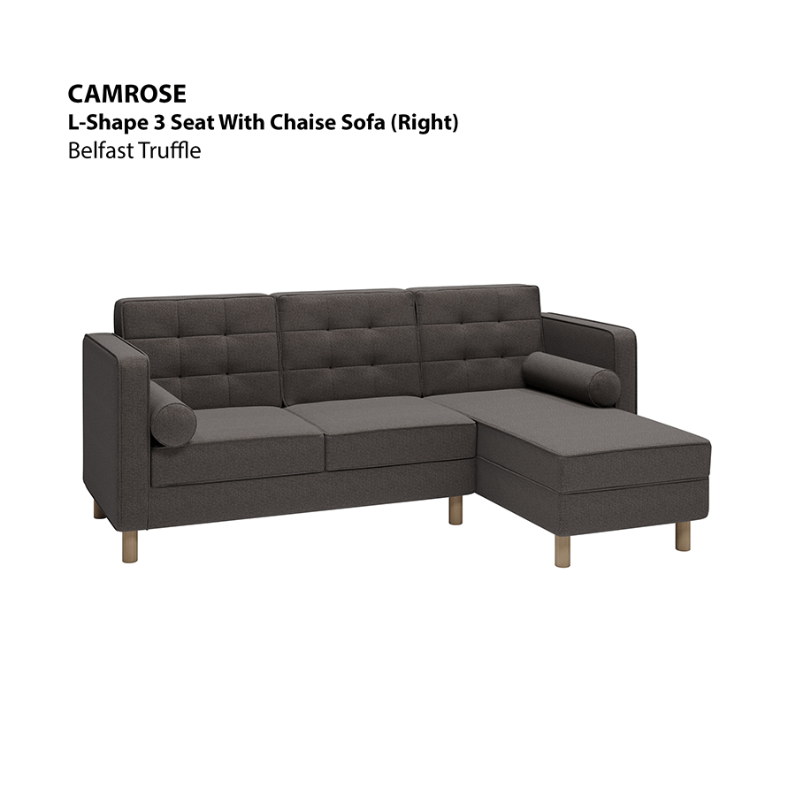 MORE CAMROSE OPTIONS Camrose L-shape 3 Seat with Chaise (Right Facing) Sofa Camrose L-shape 3 Seat with Chaise (Right Facing) Sofa Fabric Belfast Truffle Mandaue Foam