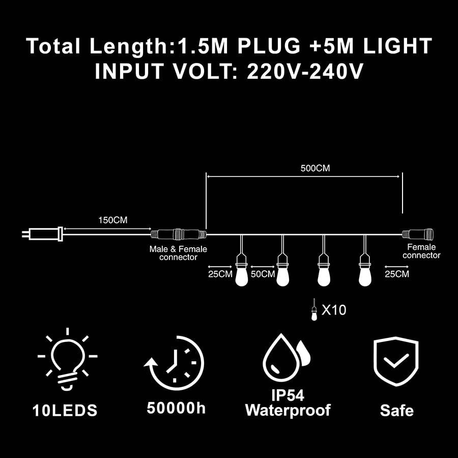 10-bulb Patio Waterproof String Lights