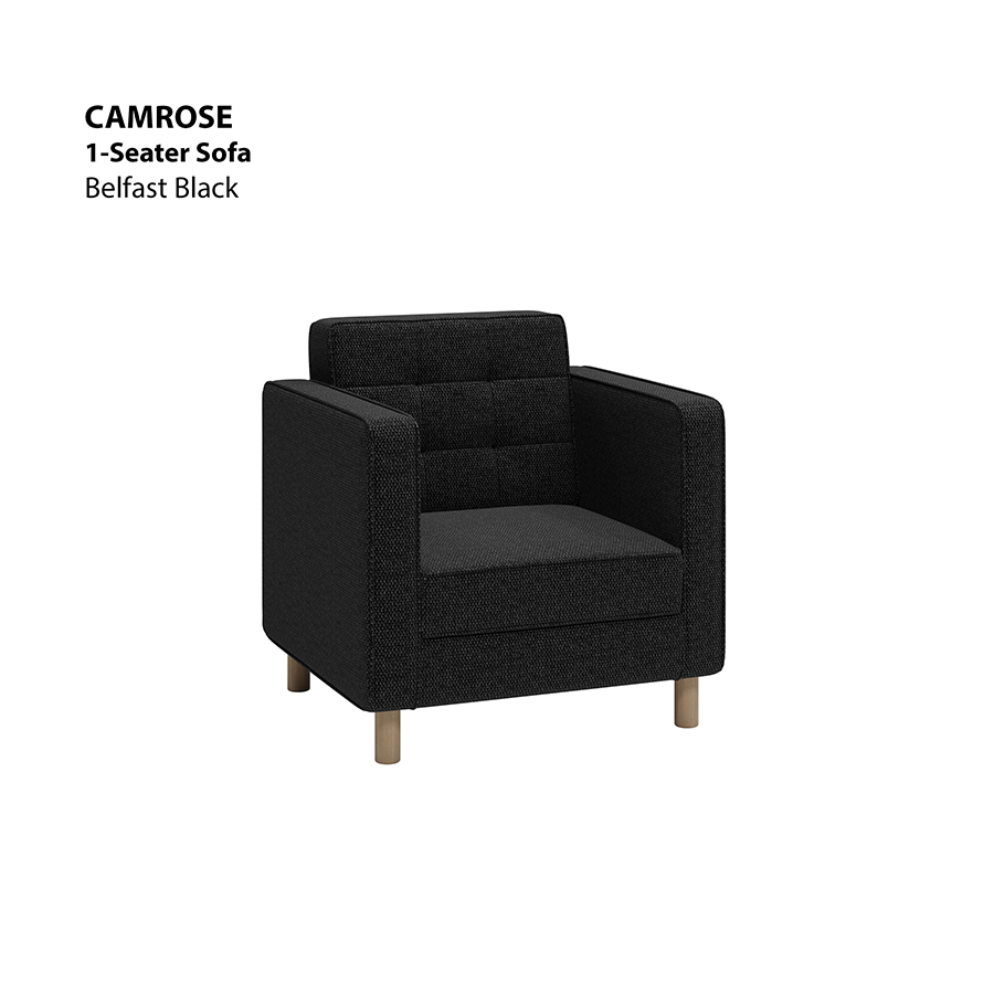 MORE CAMROSE OPTIONS Camrose 1 Seater Sofa Camrose 1 Seater Sofa Fabric Belfast Black Mandaue Foam