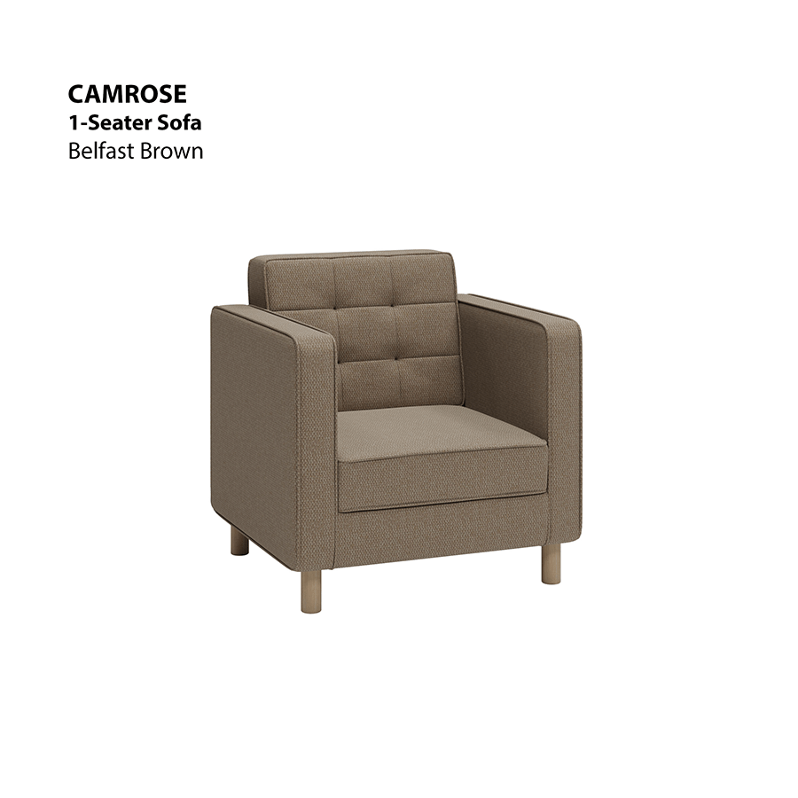 MORE CAMROSE OPTIONS Camrose 1 Seater Sofa Camrose 1 Seater Sofa Fabric Belfast Brown Mandaue Foam