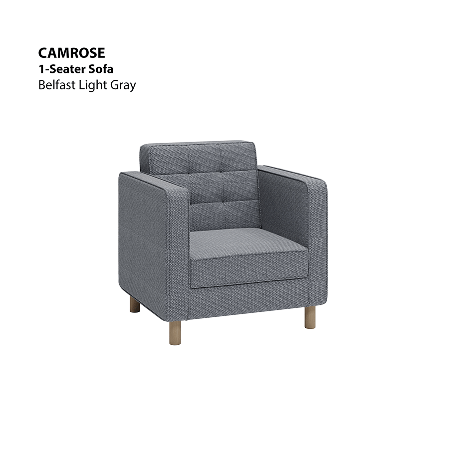 MORE CAMROSE OPTIONS Camrose 1 Seater Sofa Camrose 1 Seater Sofa Fabric Belfast Light Gray Mandaue Foam