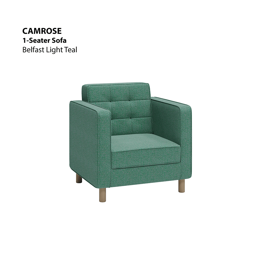 MORE CAMROSE OPTIONS Camrose 1 Seater Sofa Camrose 1 Seater Sofa Fabric Belfast Light Teal Mandaue Foam