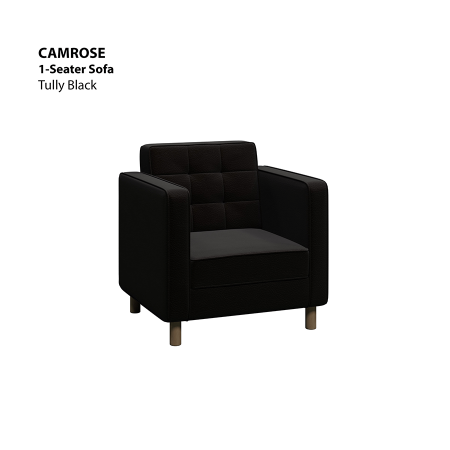 MORE CAMROSE OPTIONS Camrose 1 Seater Sofa Camrose 1 Seater Sofa Leatherette Tully Black Mandaue Foam